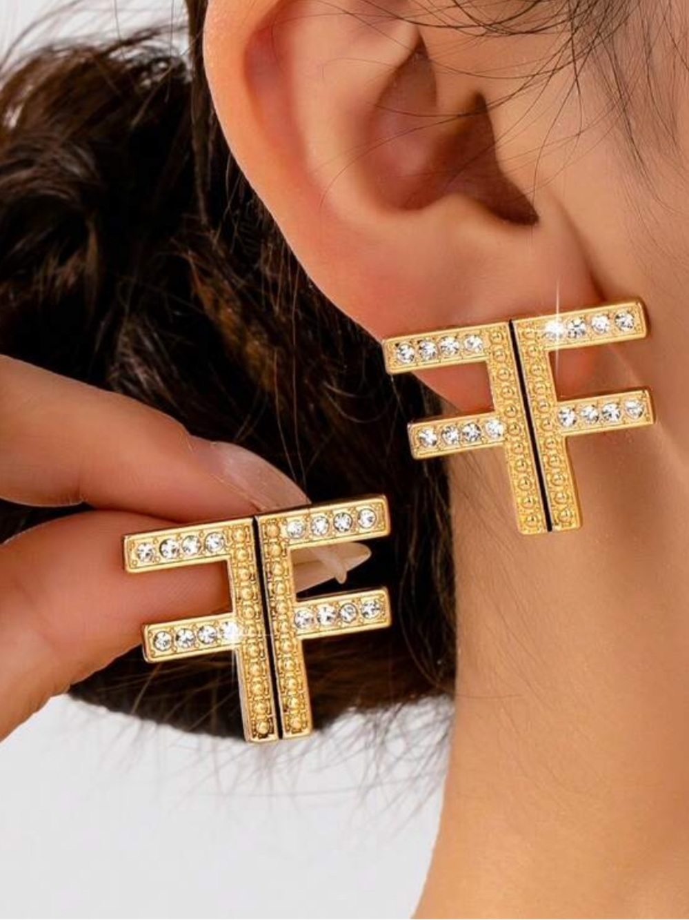 Gold Tone Rhinestone Crystal Accent Double- T Bar Shape Letter F Stud Earrings